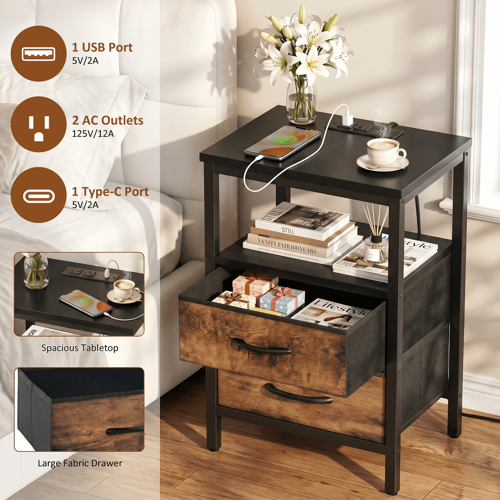 LIFERECORD Nightstand Set of 2 with 2 Fabric Drawers, Nightstand with Charging Station, End Tables with Storage Shelf for Small Spaces, Bedside Table Side Tables for Bedroom, Black & Brown