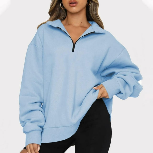 LSLJS Chandail à Demi-Glissière pour Femmes, Coupe Ample, Manches Longues, Col, Épaules Tombantes, Uni, Veste à Fermeture Éclair 1/4, Chandails à Enfiler pour Femmes ( Bleu Ciel, TG )