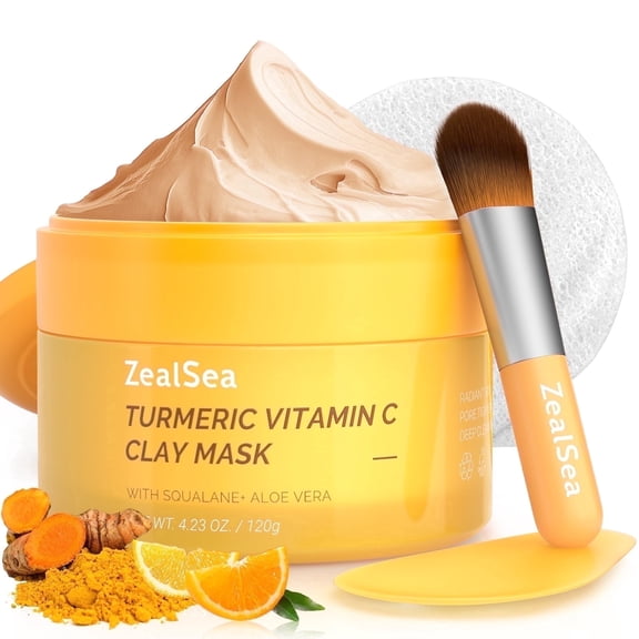ZealSea Turmeric Clay Mask, Vitamin C Kaolin Clay Pore Cleansing Mask to Deep Clean, Detox Mud Face Mask with 30% Aloe, Jojoba Oil, Shea Butter & Squalane