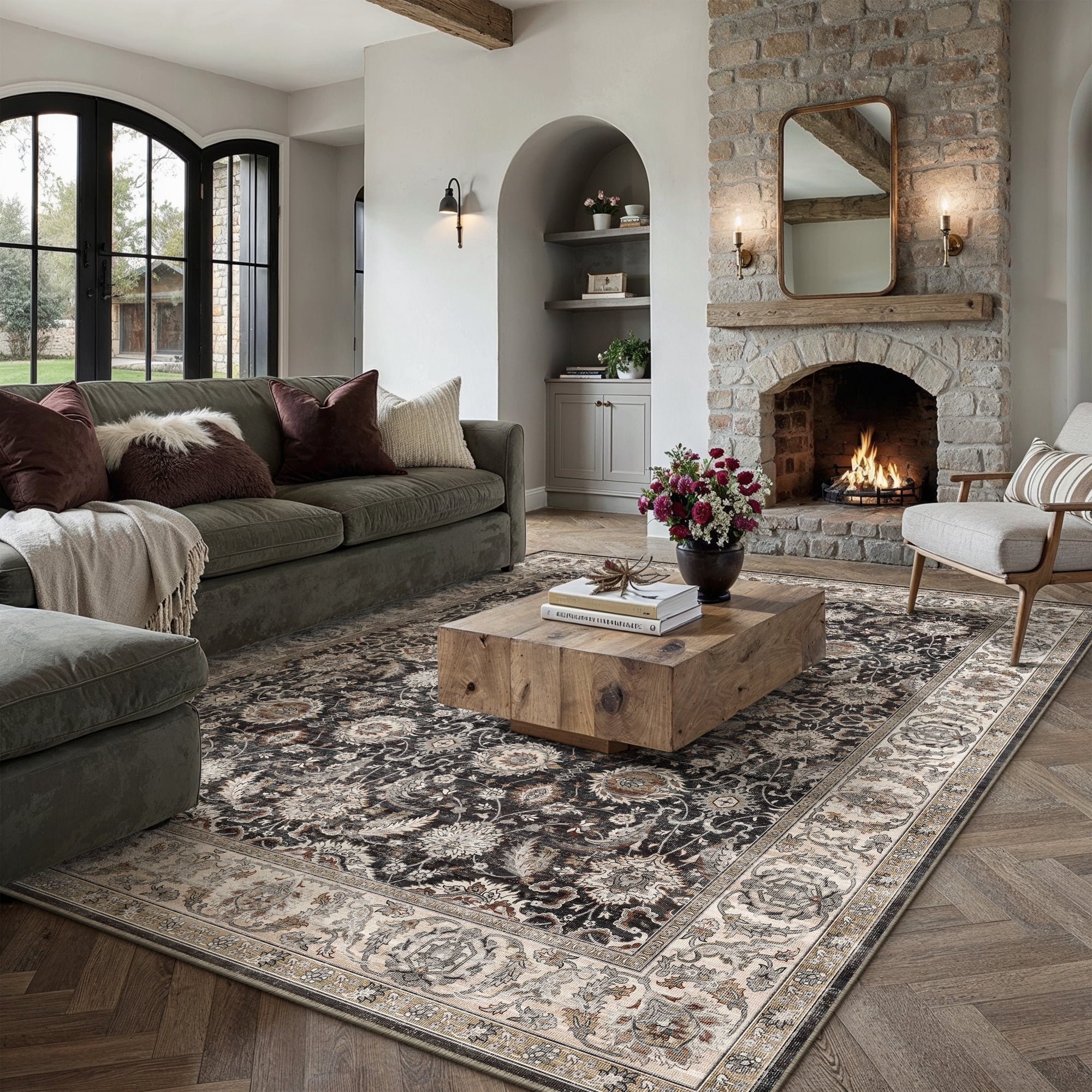 BERTHMEER 8'x10' Area Rugs for Living Room Large Vintage Black and beige Carpets for Bedroom Office Machine Washable Farmhouse Dining Room Oriental Rugs Non Slip Traditional Distressed Rugs