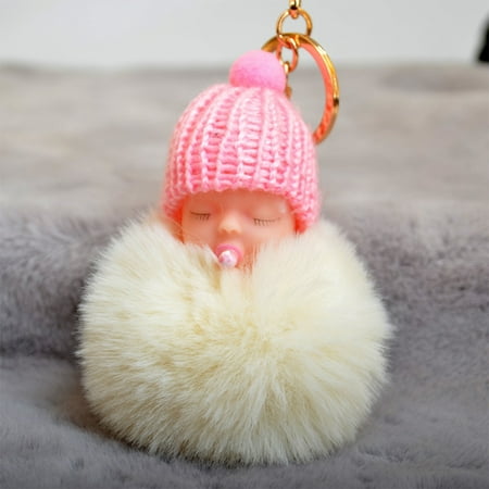 Cute Nipple Knitted Hat Sleeping Baby Doll Fake Fur Fluffy Lovely Ball Keychain Bag Key Rings Car Key Pendant Ornaments Gifts Style
