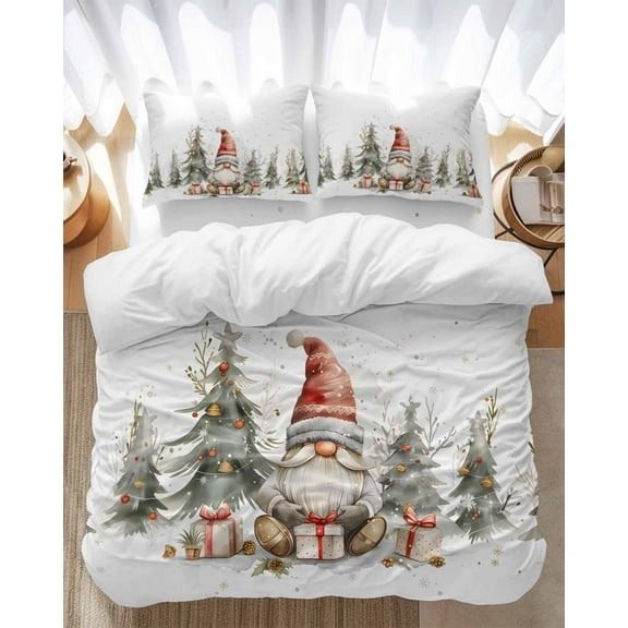 Christmas Bedding Duvet Cover Set Twin Size 4 Pieces Gnome Evergreen Cap Bells Watercolor Bedding Set with Zipper Closure, 1 Comforter Cover 68x86 Inches 1 Flat Sheet & 2 Pillow Cases