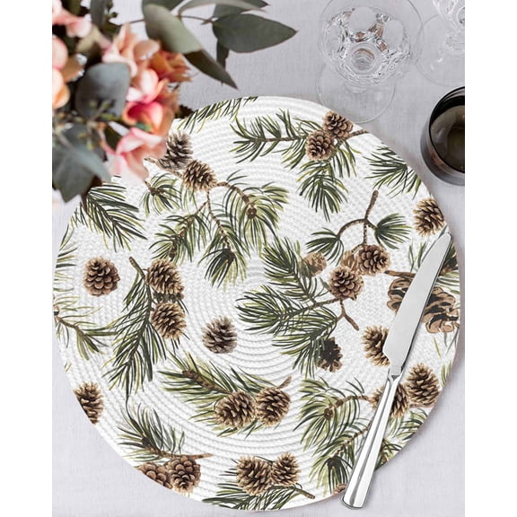 13 Inch Round Placemats Set of 6, Sage Green Christmas Non Slip Heat Insulation PP Table Mats, Pine Cones Xmas Botanical Washable Place Mats for Kitchen Dining Party Table Decor