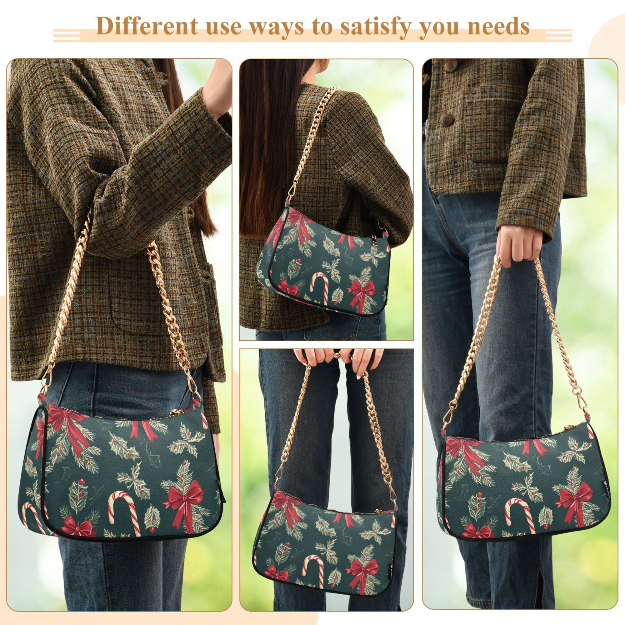 FORMRS Womens Shoulder Bag with Chain Strap Clutch Purse Cute Tote Handbag, Green Christmas Candy Canes