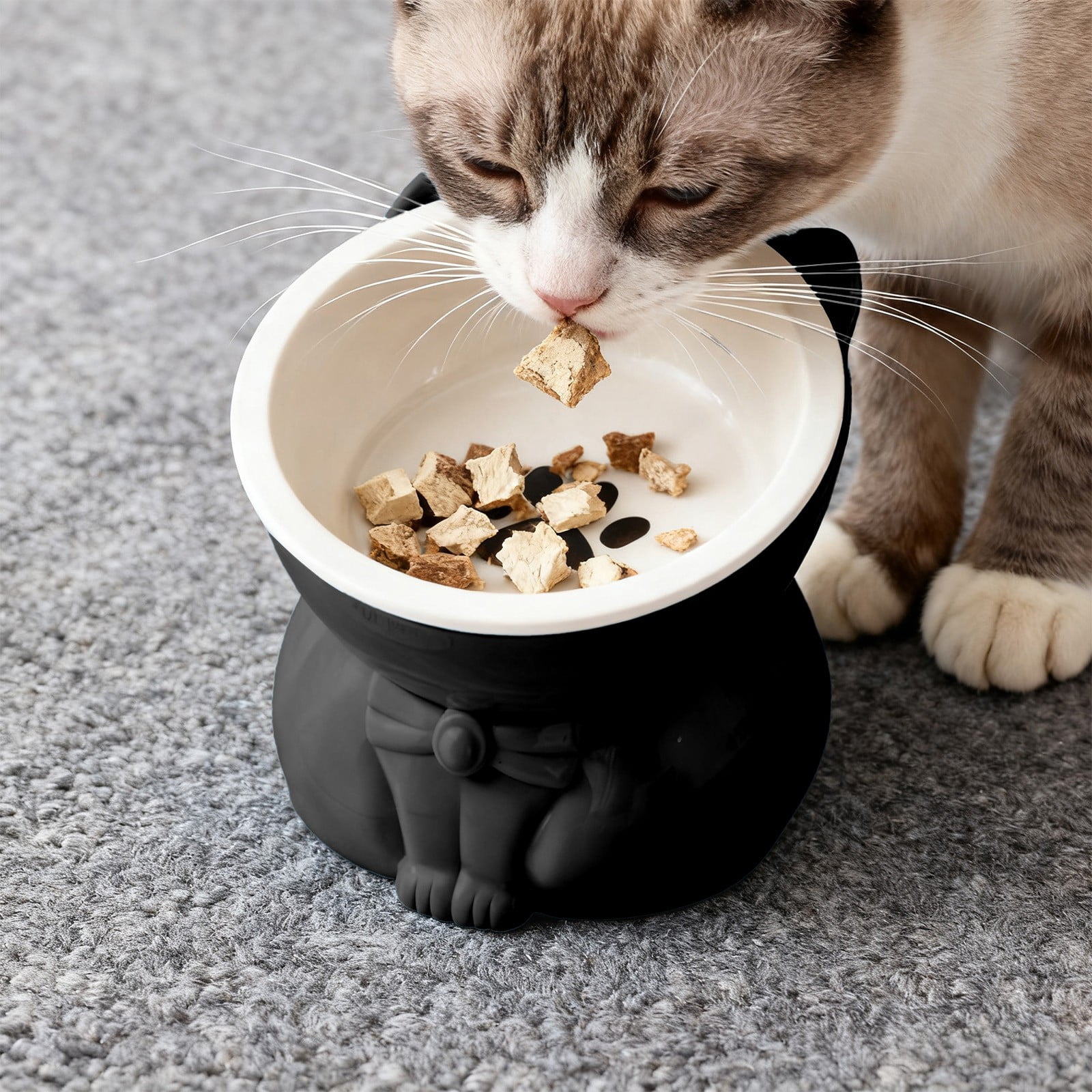 Elevated Raised Cat Bowl, 250ml Black Plastic Whisker-Friendly Non-Tip Cat Food & Water Bowl