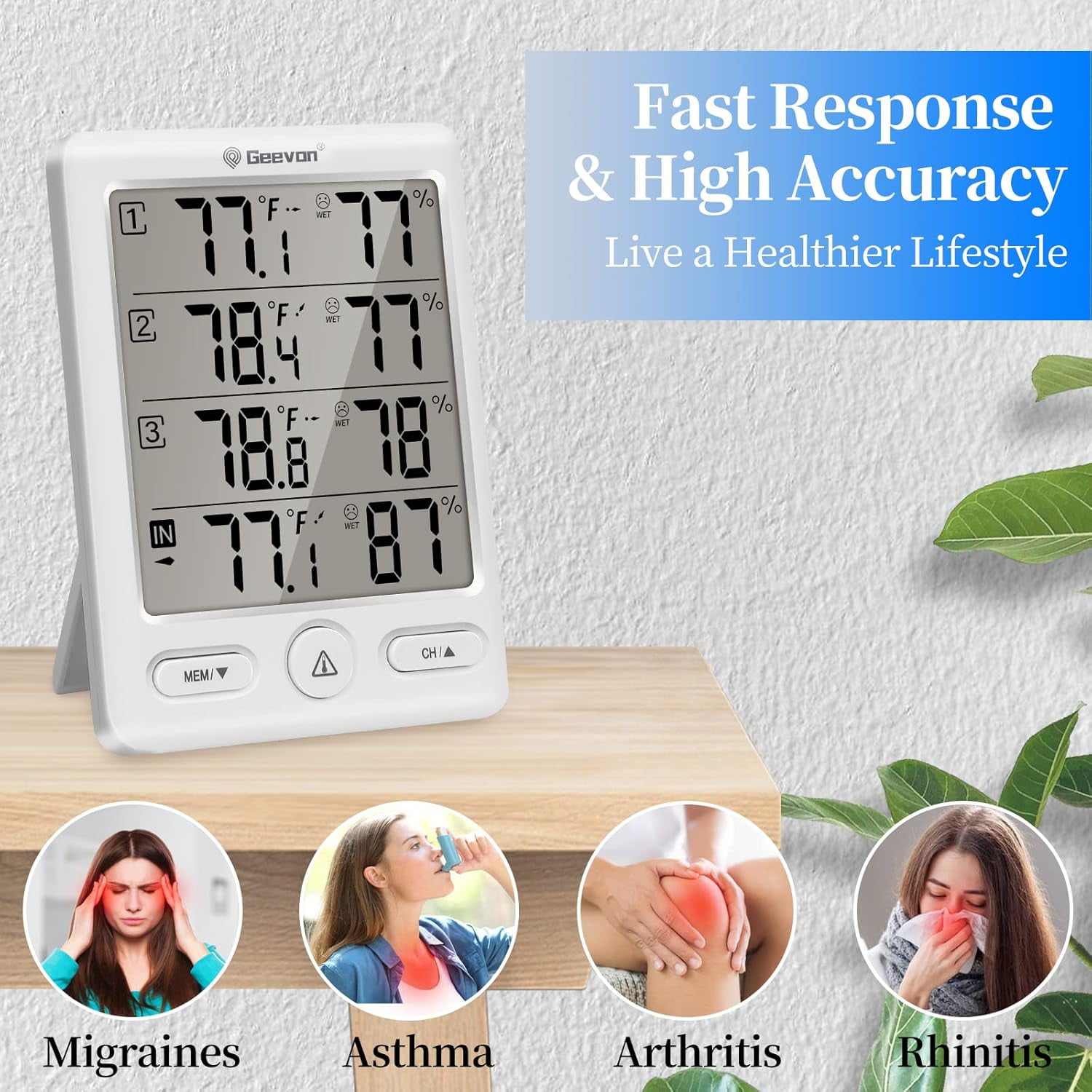 Geevon Indoor Outdoor Thermometer Wireless with 3 Remote Sensors, Wireless Thermohygrometer, Digital Temperature Humidity Meter with 200FT/60M Range(White)