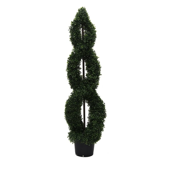Vickerman 5' Artificial Green Boxwood Double Spiral Topiary, Black Plastic Pot.