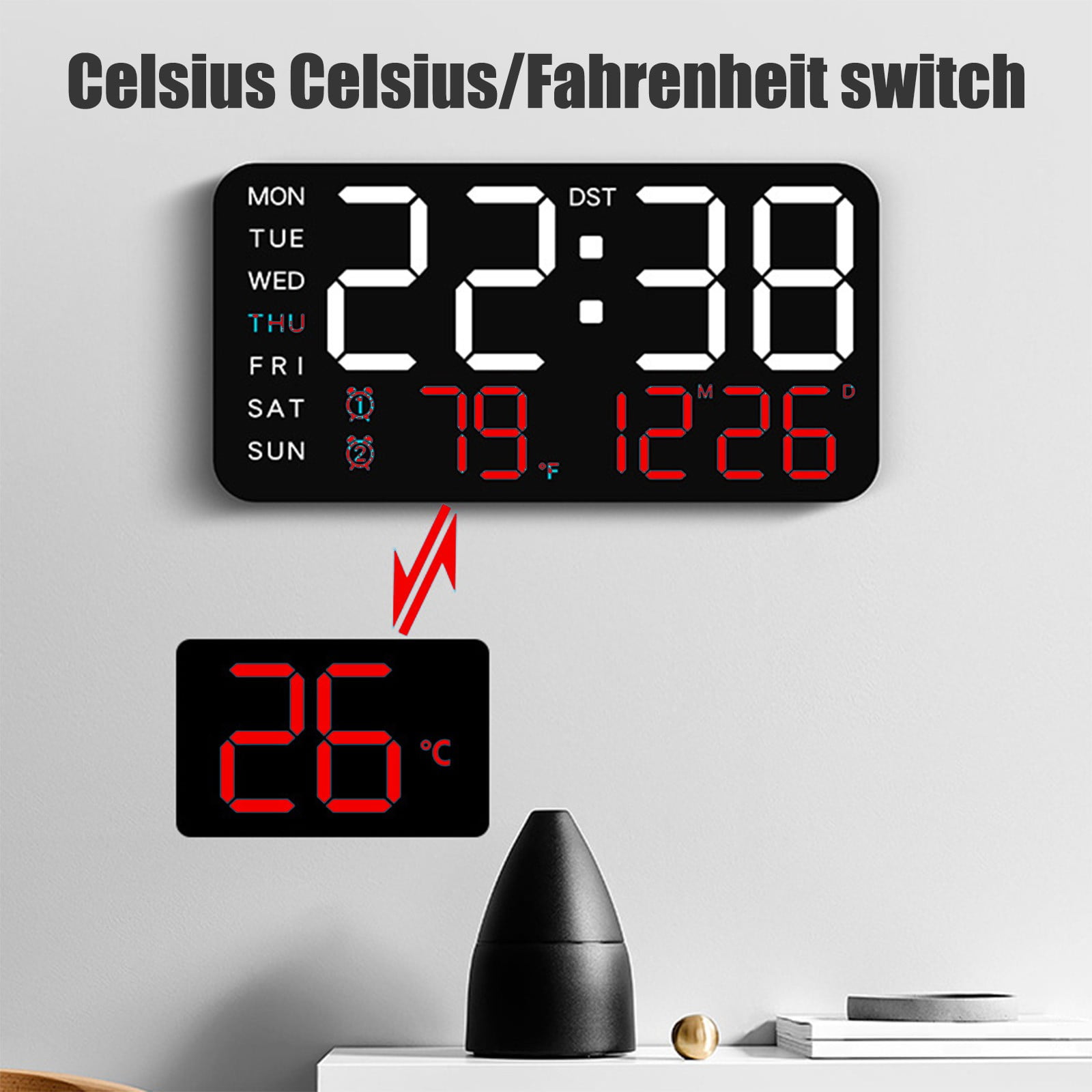 Large Digital Clock with Date and Day of Week - Electric Desk Clock, Bedroom Alarm Clock with Battery Backup, Dimmer, USB Port, Auto DST, Temperature, Adjustable Volume