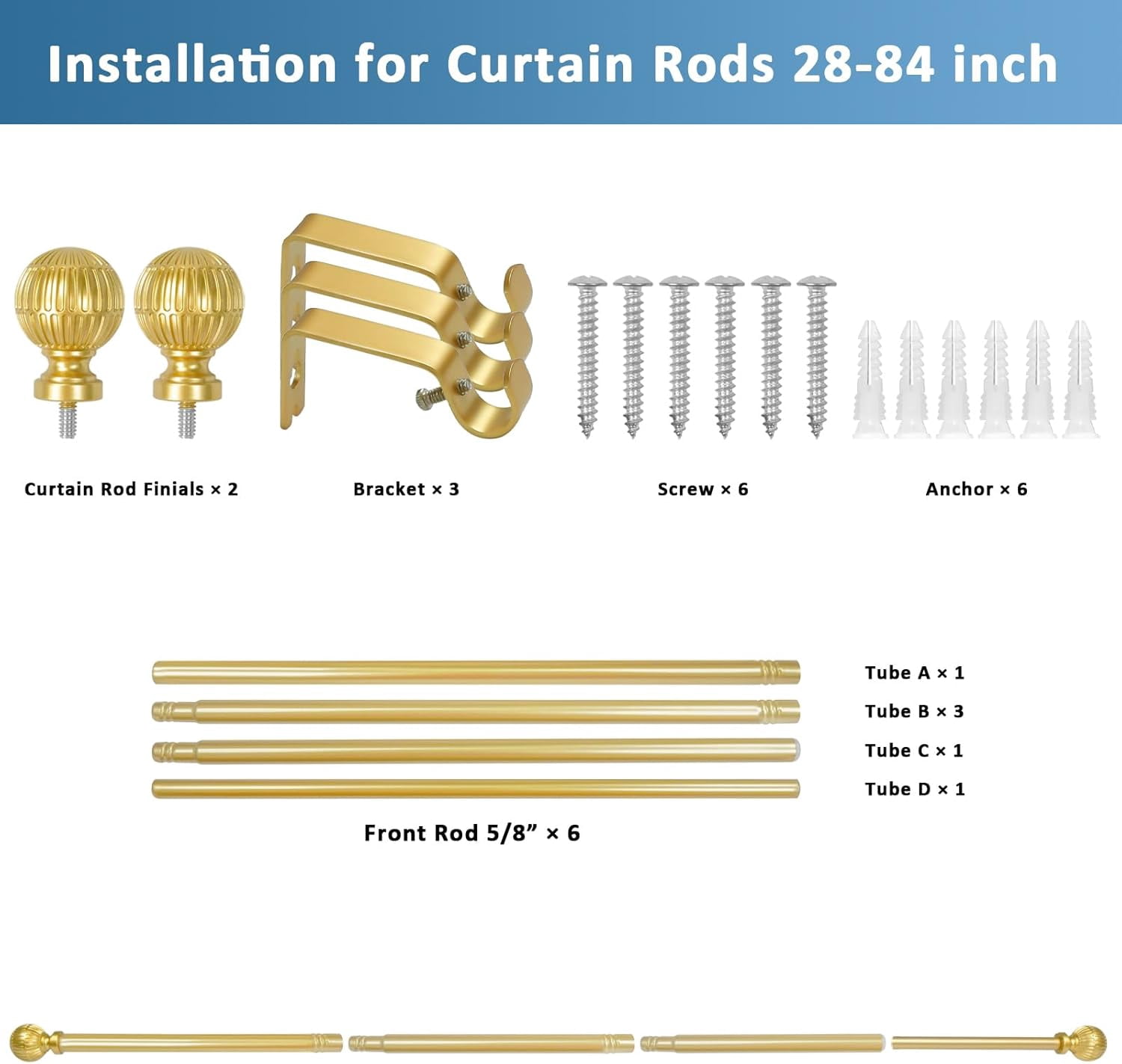 Urbanest Adjustable Volle Single Curtain Rod Set – 5/8 - Inch Diameter, With Gold Rod, 28–84 Inches
