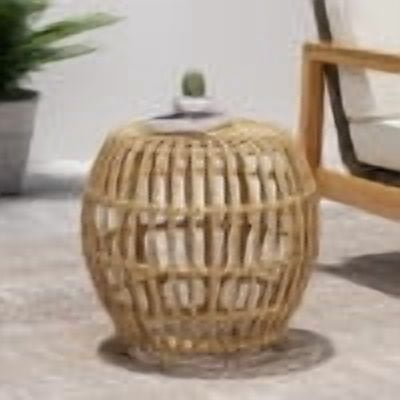 Euroco OTTAWA Side Table-Bohemian Faux Rattan Weave Accent Table for Indoor Outdoor Use, Handcrafted Round Side Table for Living Room, Patio, Garden,Light Brown Color