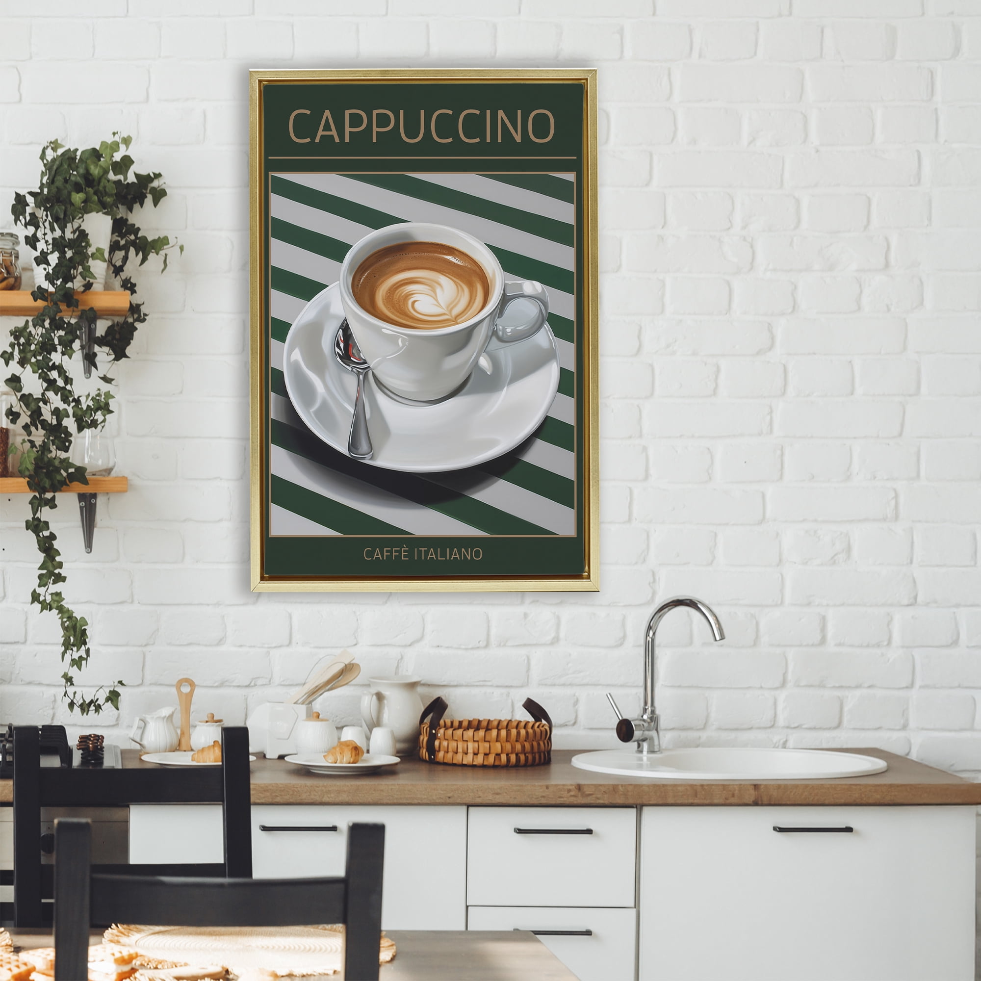 Stupell Industries Cappuccino Coffee over Stripes Gold Framed Floater Canvas Wall Art, design by Andreas Magnusson