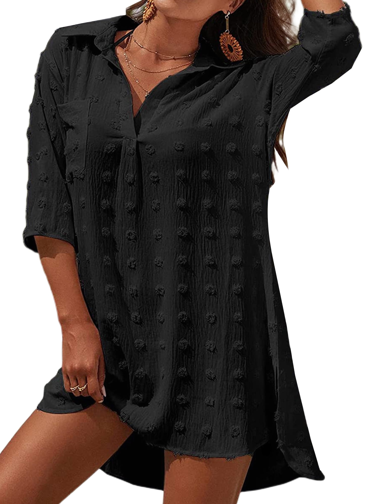 Frontwalk Women Swimwear Kaftan Bikini Cover Up Summer Swiss Dot Dress Beach Cover Ups Swimsuit Half Sleeve Blouse Shirts, Women's, Size: Medium,