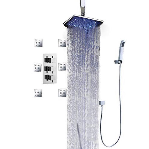 Cascada Luxury Bathroom Shower Set with Luxury Water Power LED Shower Head (Ceiling Mount) Rainfall Thermostatic 6 Massage Jets Spray Body Shower Set (8", Chrome)