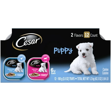 (12 Pack) CESAR Puppy Wet Dog Food Classic Loaf in Sauce Chicken & Beef and Lamb & Rice Variety Pack, 3.5 oz. Easy Peel