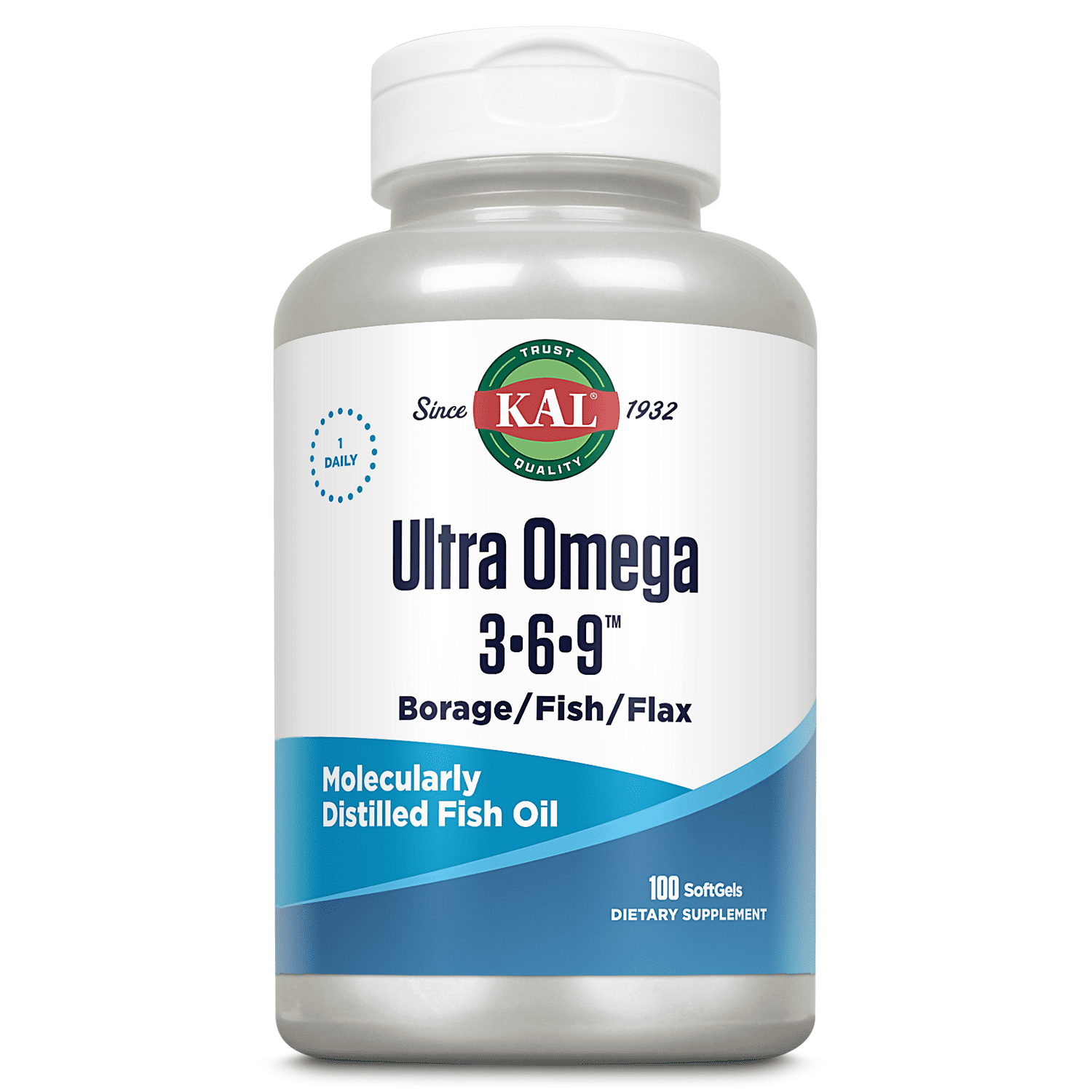 KAL Ultra Omega 3 6 9 1200mg, Fish Oil, Cold Pressed Borage Oil and Organic Flaxseed Oil, Heart Health and Joint Support Supplement, Molecularly Distilled, Solvent Free, 60-Day Guarantee (100 Softgels)