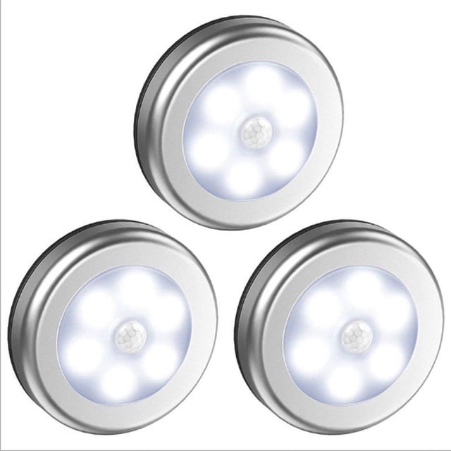 Lámpara LED inalámbrica de 3 piezas con sensor de movimiento para armario, escalera, pasillo, cocina y dormitorio (cubierta plateada (luz blanca))