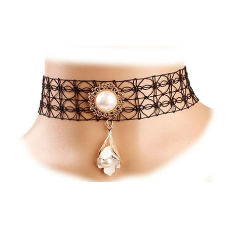 - Beautiful Black Lace Choker with imitation Pearl/Flower Charm
