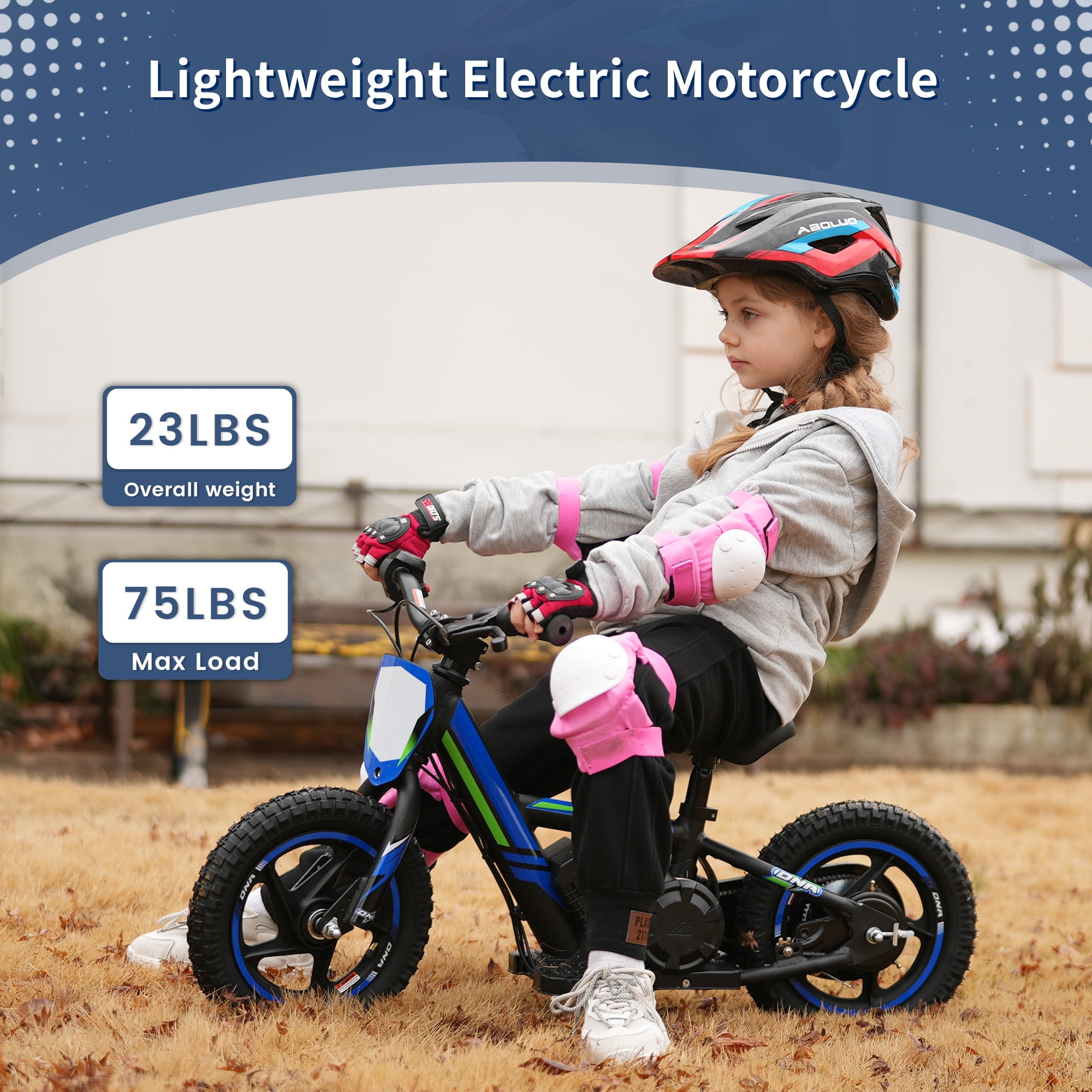 KKA 24V Electric Dirt Bike for Kids, 12 inch Tires Blue with Detachable Battery, for Child 3+