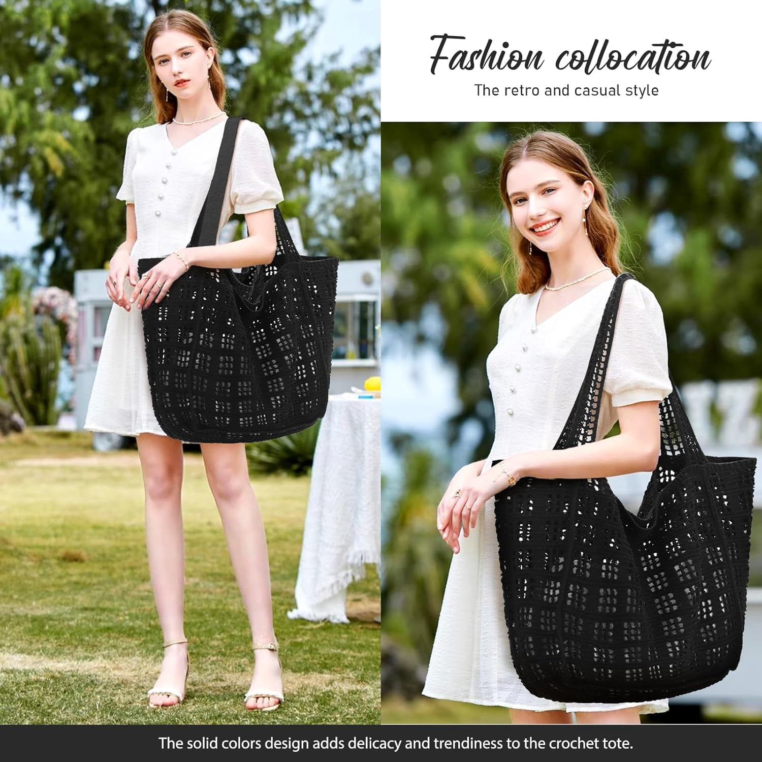 CAILDANL Crochet Bags for Women - Large Tote Aesthetic Handbag Shoulder Hippie Knit Bag