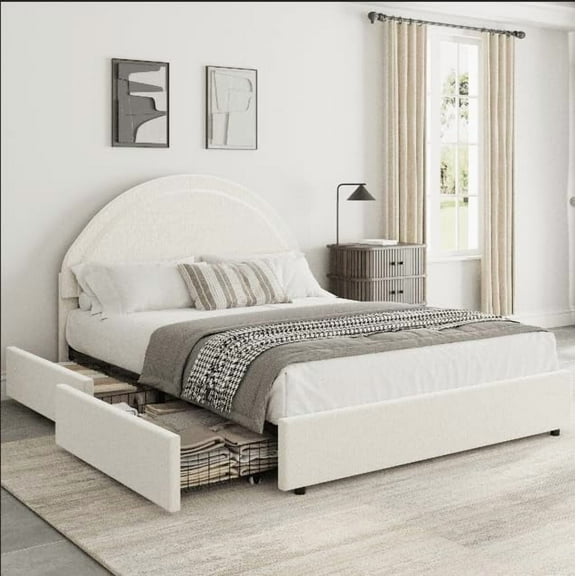 Platform Bed Frame Twin Boucle Upholstered with Storage Drawers and Modern Rounded Headboard Wooden Slats No Box Spring Needed for Bedroom White