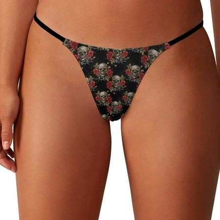 

Embroidery Roses Skull Spider Web Women s G-String Thongs Low Rise Hipster Underwear Stretch T-Back Panties