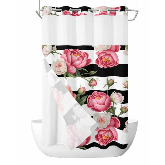 No Hook Cloth Fabric Shower Curtain with Snap in Liner, Pink Flower Waterproof Shower Curtains Set with See Through Top Window, Black White Stripesvintage Floral Bath Curtains Shower 54"x78"
