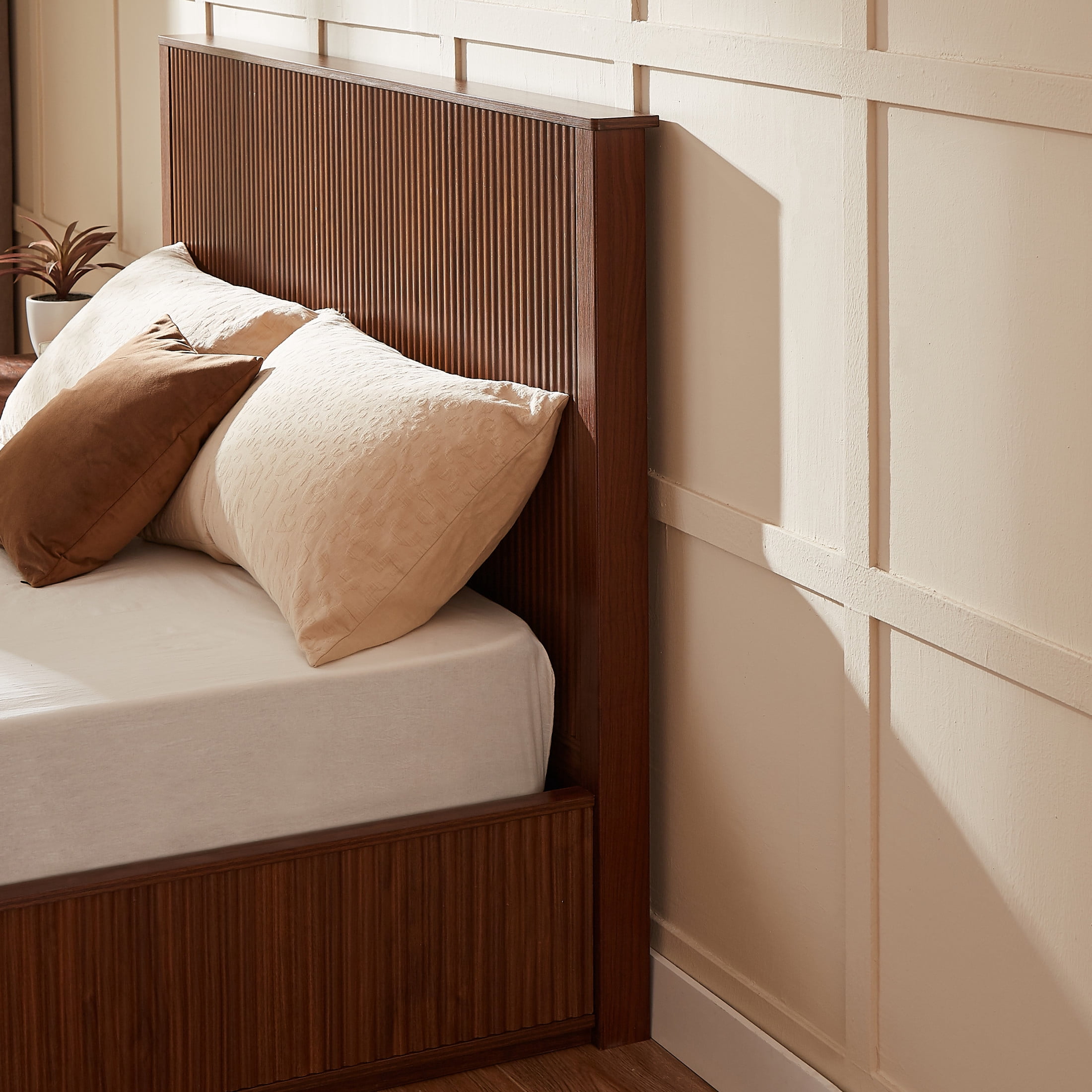 Noble House Queen Platform Bed Frame with 44.49" Flat Fluted Headboard, Wood Slat Support, Walnut