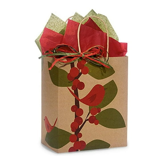 Red Bird Berries Paper Shopping Bags - Cub Size - 8in. X 4.75in. X 10.25in. - 5/Pack (rbbc5)