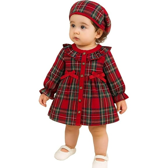stylesilove Baby Toddler Girls Red Long Sleeves Christmas Plaid Cotton Blend Dress and Hat 2pcs Winter Holiday Dressy Outfit (12 Months)