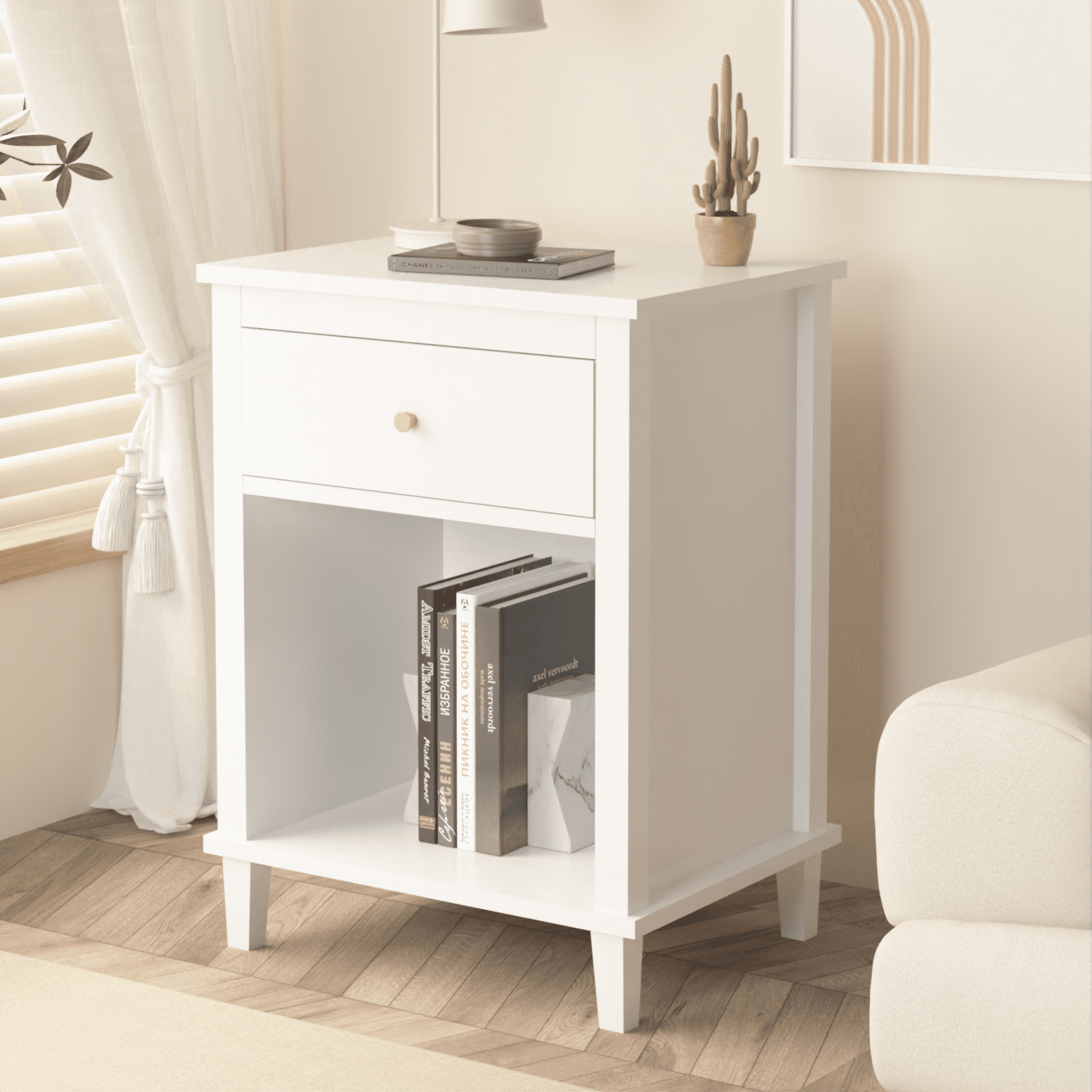 26.77''H Wooden Nightstand with One Drawer One Shelf for Kids, Adults, White+Golden handle