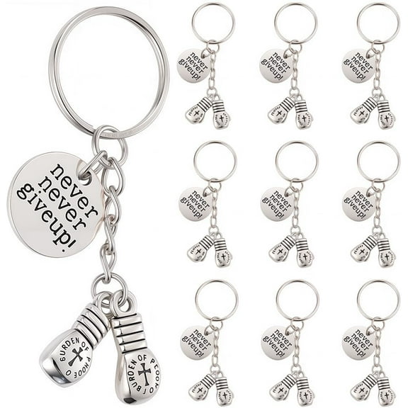 1 Box 20pcs Never Give Up Keychain Boxing Keychain Bulk Alloy Metal Silver Sport Themed Gloves Gym Charms Keyring Set with Word Tags for Backpack Bag Party Favors Women Gifts Supplies Decors