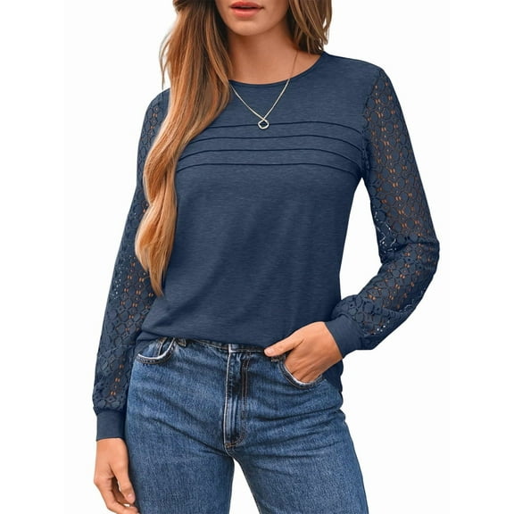 Long Sleeve Shirts for Women Dressy Casual Lace Tops 2025 Fall Outfits T-Shirts Work Clothes Navy Blue XXL
