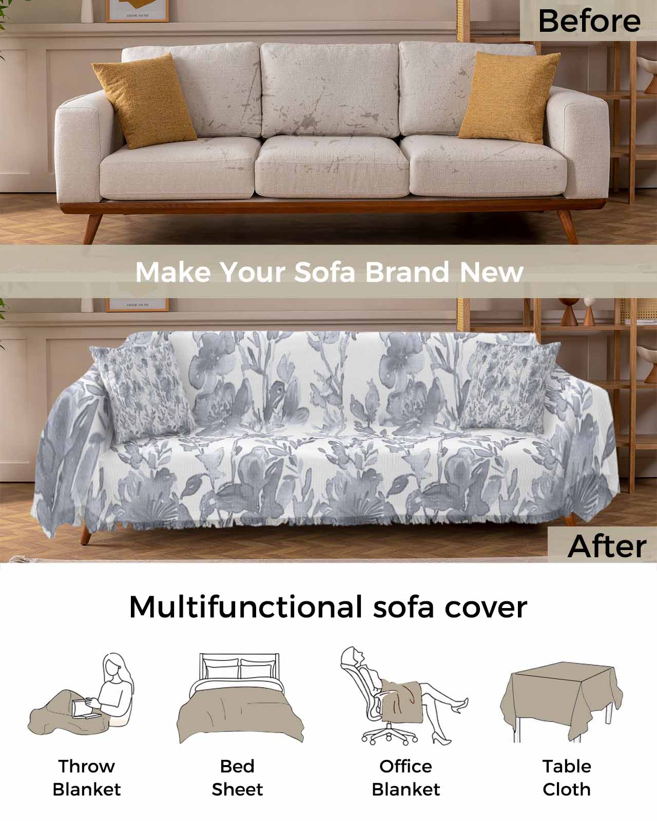 Gray Botanical Sofa Covers for 3 Cushion Couch,Washable Sectional & L Shape Couch Covers for Dog/Cat/Kid,Floral Flower Abstract Contemporary Plant Non Slip Sofa Slipcover Tassel Futon Cover 71x150