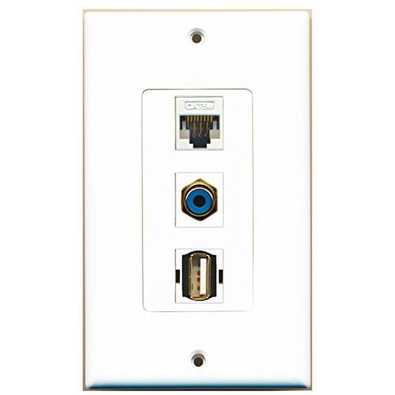 RiteAV - 1 Port RCA Blue and 1 Port USB A-A and 1 Port Cat5e Ethernet White Decorative Wall Plate Decorative