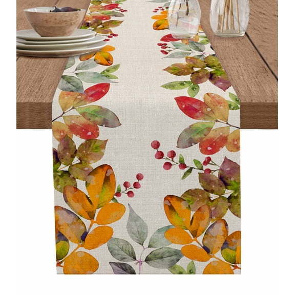 Orange Green Botanical Burlap-Cotton Table Runner 72 Inches Long,Watercolor Farmhouse Leaf Rustic Farmhouse Table Runners,Outdoor Dining Tablecloths Decor for Baby Shower Party Wedding 18x72