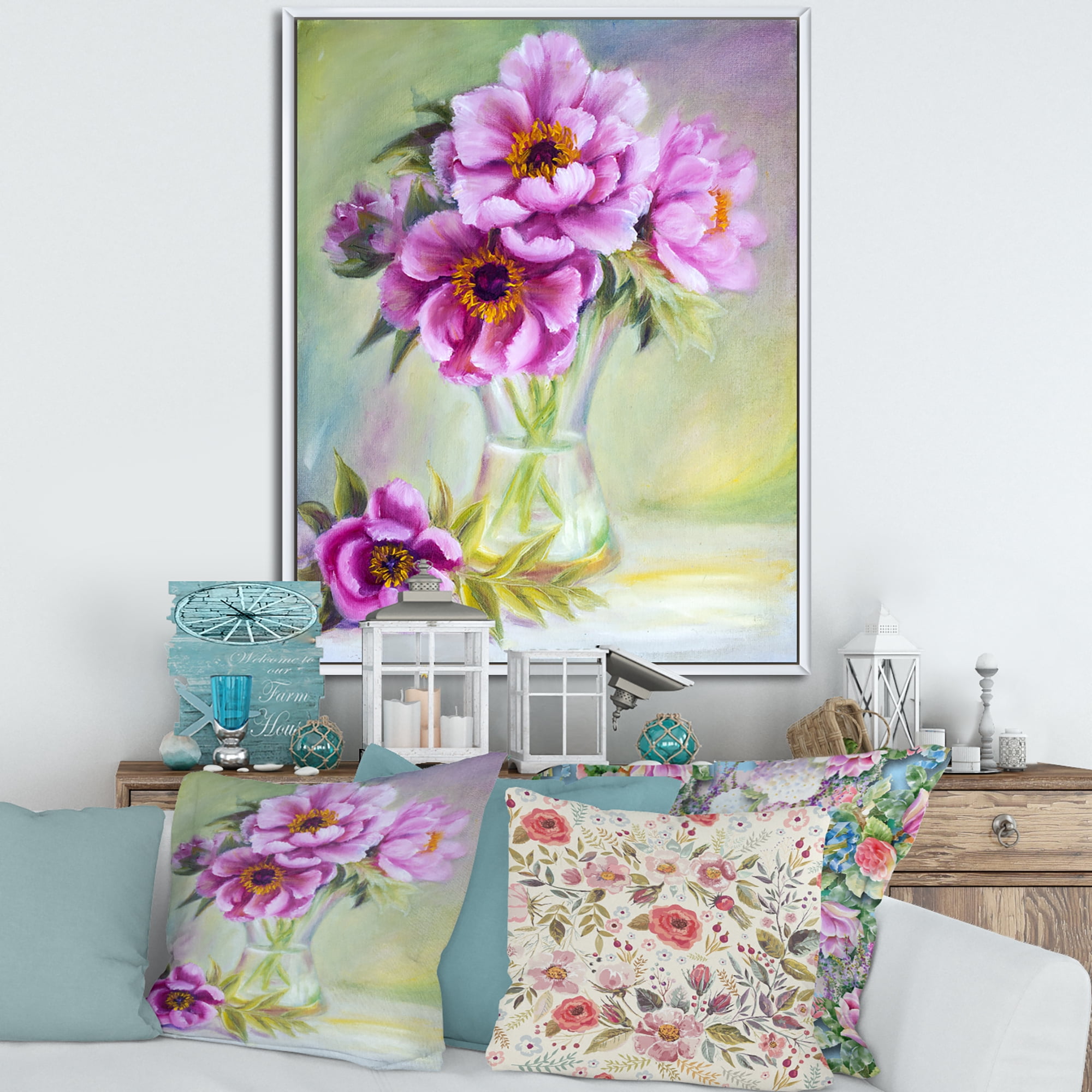 Purple Peonies In Vase Still Life 30 in x 40 in Framed Painting Canvas Art Print, by Designart