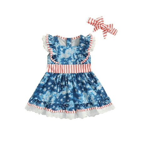 

Suanret Infants Baby Girl Dress Independence Day Star Stripe Print Square Neck Lace Patchwork Skirt Cute Hairband Blue 6-12 Months