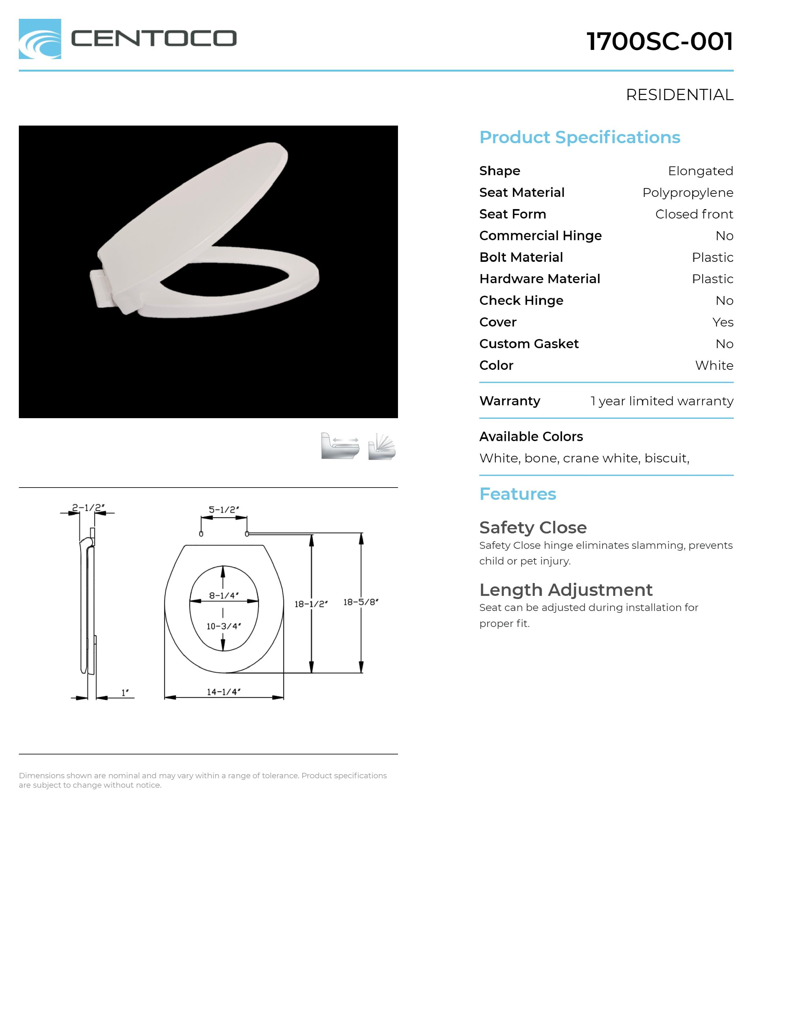 Centoco 1700SC-106 Elongated Plastic Toilet Seat with Safety Close, Bone