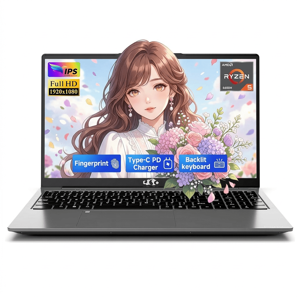 15.6" FHD Gaming Laptop 16GB DDR5 RAM 256GB SSD AMD Ryzen 5 6600H (Beat i7-1165G7, 6 Cores Up to 4.5GHz) with Backlit Keyboard Fingerprint Sensor Gray