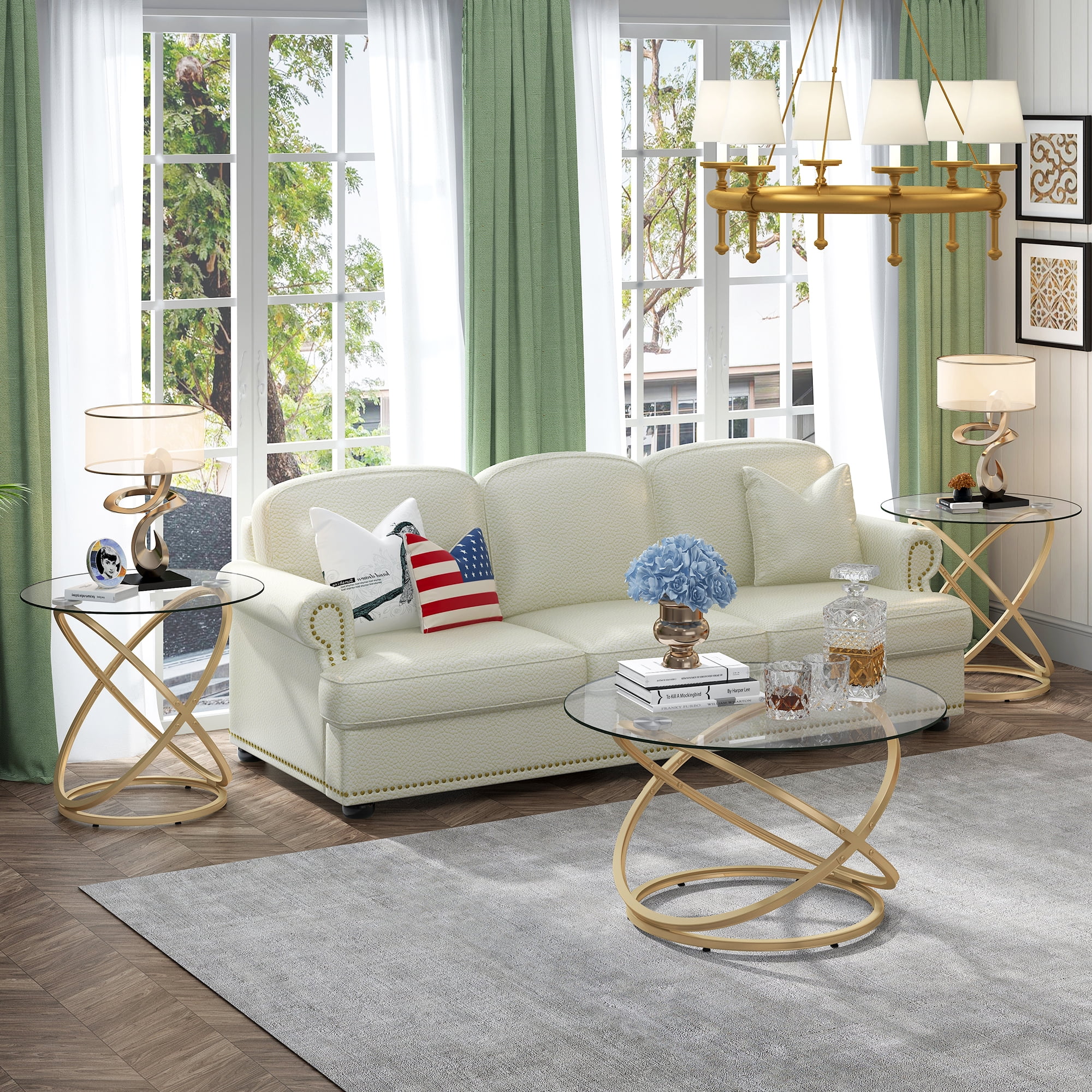ASYA Modern Glass Coffee Table, 32'' Round Center Table with Metal Frame, Gold Accent Table for Living Room Office