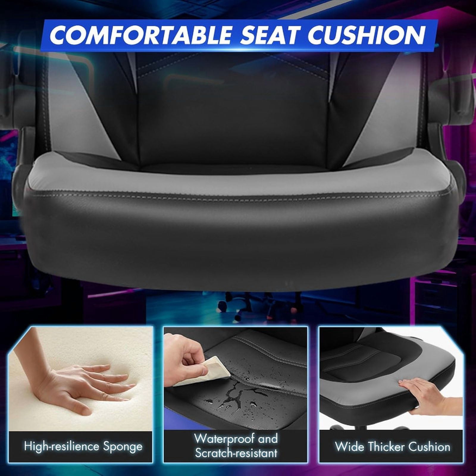 Beddle Gaming Office Chair, Ergonomic PU Leather High Back Swivel Computer Desk Chair with Flip-up Arms, Lumbar Support, Black Gray