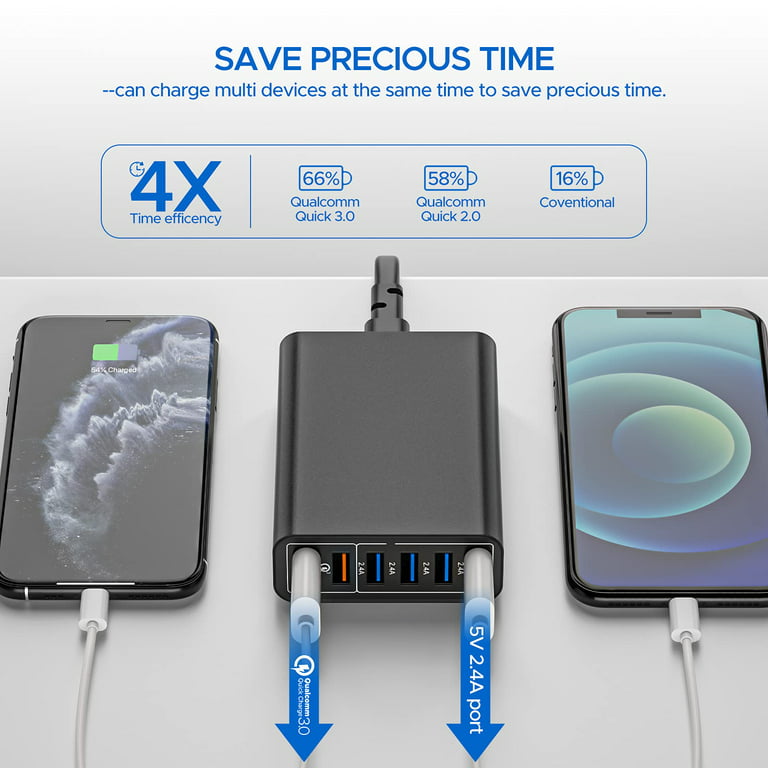 Key Power Multi Port USB Fast Charger Station Qualcomm Certified 60W 6-Port QC  3.0 and 2.4A Desktop Quick Charge Compatible with iPhone iPad Pro Air Mini  Samsung Galaxy Tablet and More 
