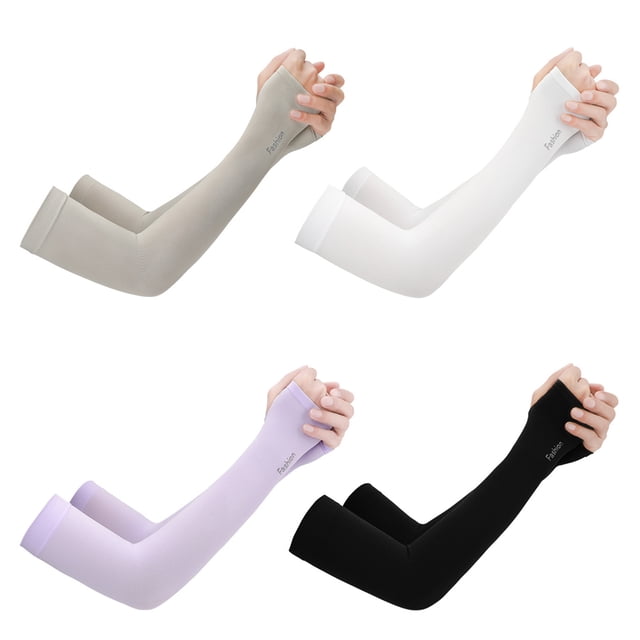 4 pares de mangas de brazo con protección UV, transpirables y refrescantes para conducir al aire libre (estilo de punto, negro, blanco, gris y morado).