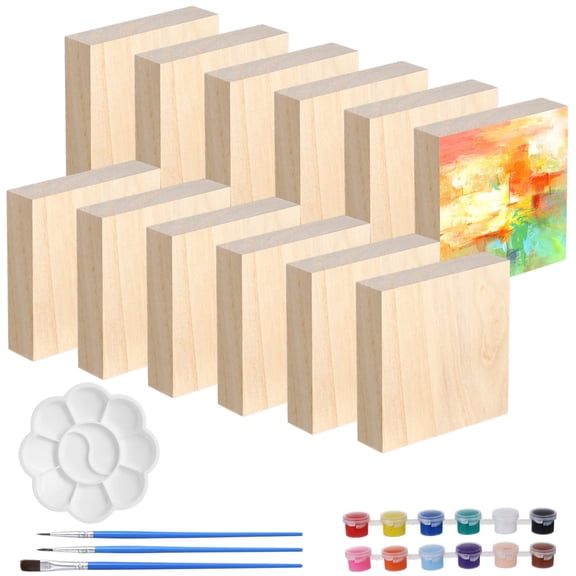 12 PCS Unfinished Wood Blocks, Natural Wood Block Painting Kit, 4 x 4 x 1 in DIY Blank Wood Boards with 12 Colors Paint 3 Paintbrushes Palette