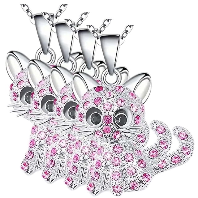 Cadenas Michi, MXAKA-004, 4Pzas, Gato/Circonia, Plata/Rosa, Metal, Cadena y Dije