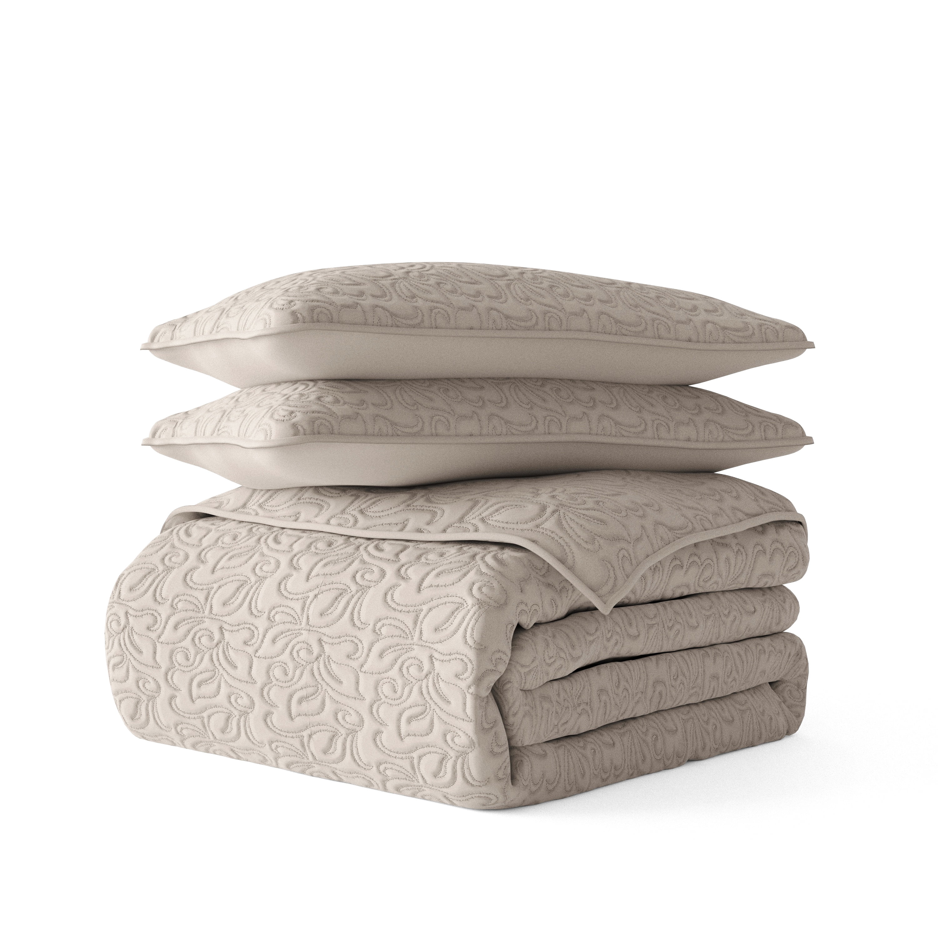 Noble Linens 3 Piece Latte Floral Stitch Quilt Set, Twin / Twin XL