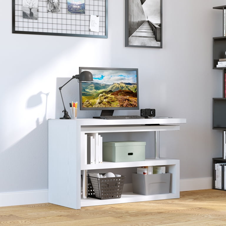 HOMCOM 55" L-Shaped Corner Computer Desk With Rotating Design & 3-Tier Shelves, White