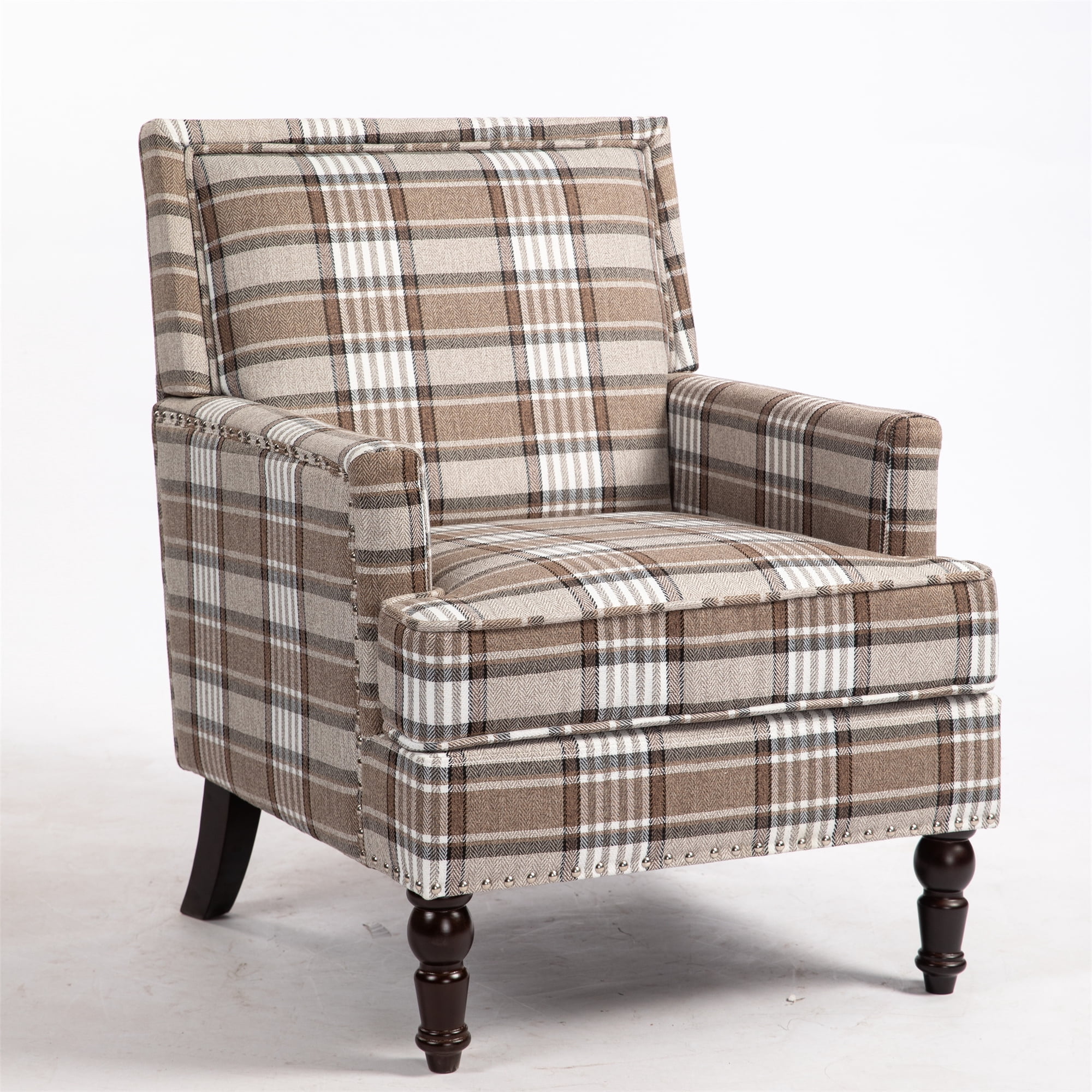 Aukfa Accent Chair Mid-Century Modern High Back Armchair Lounge for Living Room, Rivet Trim, Coffee