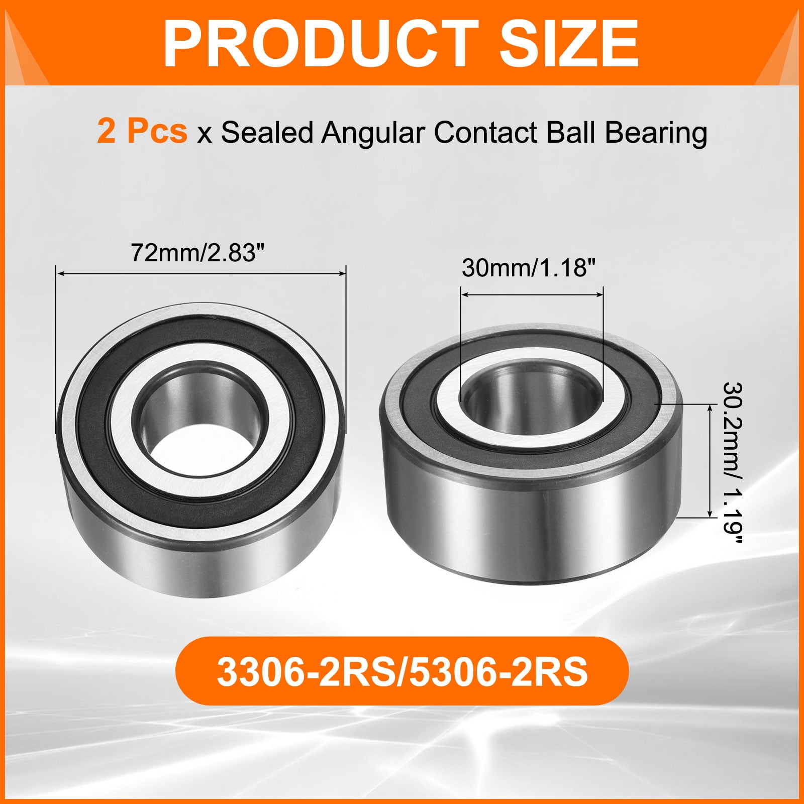 Uxcell 2 Pack 3306-2RS/5306-2RS Double Row Sealed Angular Contact Ball Bearing, 30 x 72 x 30.2mm Ball Bearings for Electric Motor, Pumps, Compressors, Agricultural Machinery