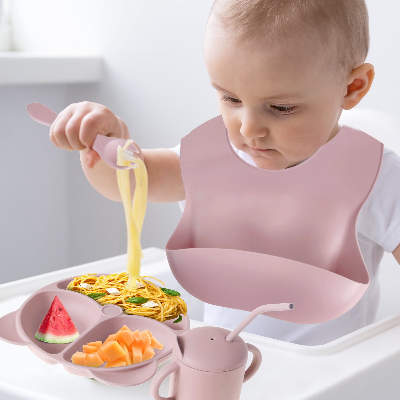 Protoiya 8Pcs Baby Feeding Set,Silicone Tableware Set Reusable Baby Led Weaning Supplies Washable Suction Baby Bowl and Plates for Toddlers Home(Pink)